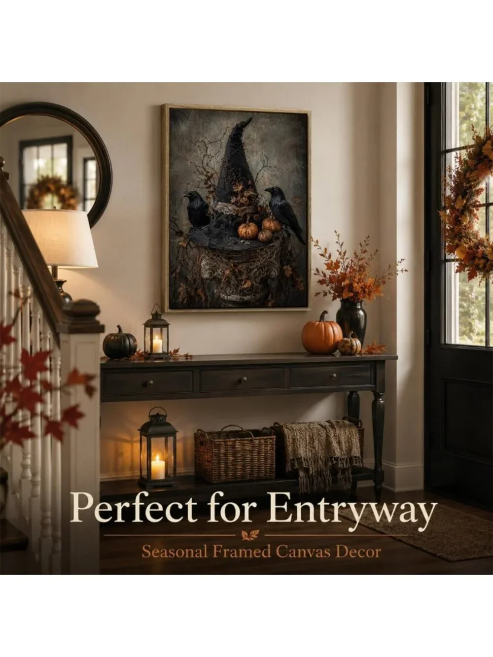 Spooky Halloween Framed Wall Art - Witch Hat, Raven & Pumpkin Decor